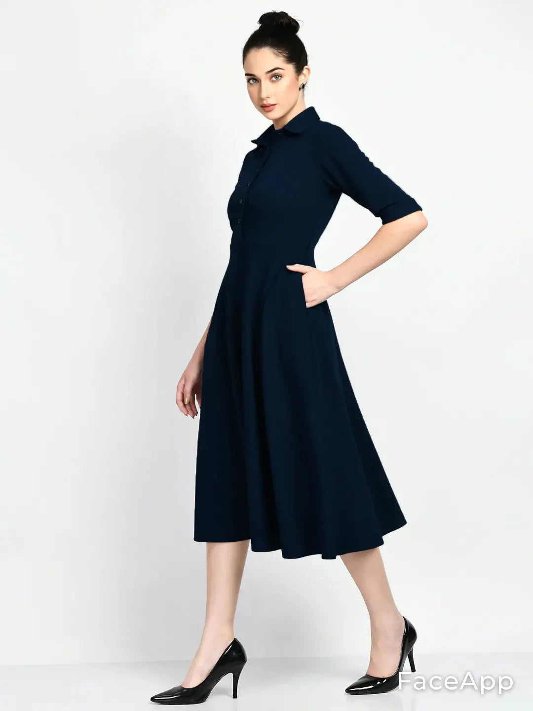 Istyle Can Navy Blue Serenity Button Up Front 3/4 Sleeves Fit and Flared Shirt Midi Dress My Store