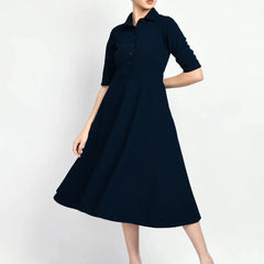 Istyle Can Navy Blue Serenity Button Up Front 3/4 Sleeves Fit and Flared Shirt Midi Dress My Store