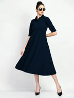 Istyle Can Navy Blue Serenity Button Up Front 3/4 Sleeves Fit and Flared Shirt Midi Dress My Store