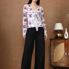 Istylecan Women's Floral Mesh Top - White & Purple Bell Sleeve V-Neck Blouse