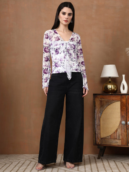 Istylecan Women's Floral Mesh Top - White & Purple Bell Sleeve V-Neck Blouse