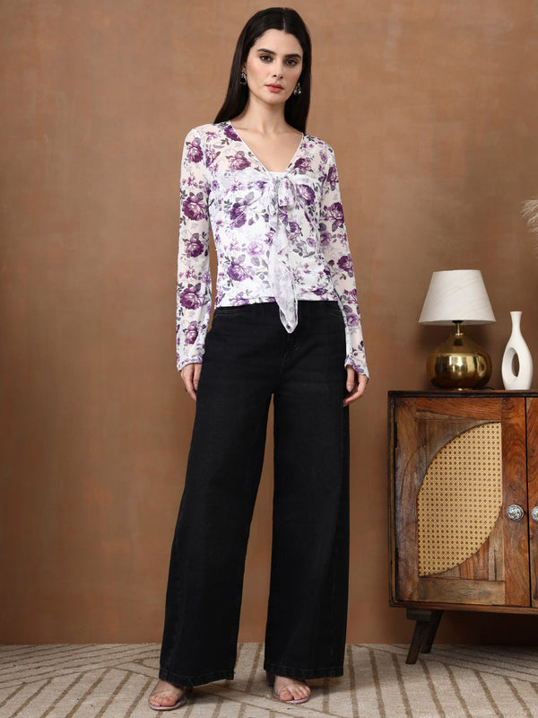 Istylecan Women's Floral Mesh Top - White & Purple Bell Sleeve V-Neck Blouse