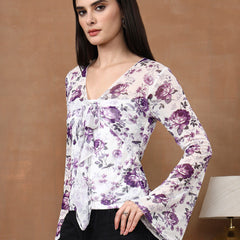 Istylecan Women's Floral Mesh Top - White & Purple Bell Sleeve V-Neck Blouse