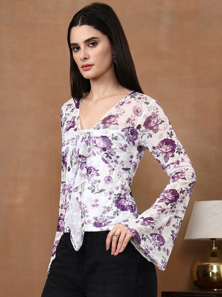 Istylecan Women's Floral Mesh Top - White & Purple Bell Sleeve V-Neck Blouse