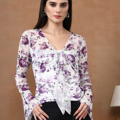 Istylecan Women's Floral Mesh Top - White & Purple Bell Sleeve V-Neck Blouse