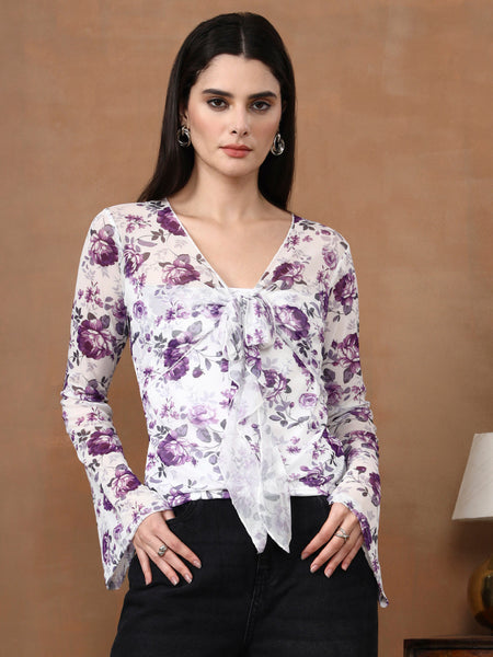 Istylecan Women's Floral Mesh Top - White & Purple Bell Sleeve V-Neck Blouse