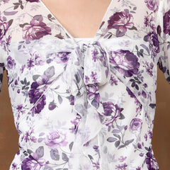 Istylecan Women's Floral Mesh Top - White & Purple Bell Sleeve V-Neck Blouse
