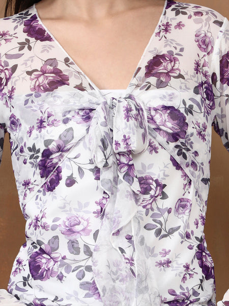 Istylecan Women's Floral Mesh Top - White & Purple Bell Sleeve V-Neck Blouse