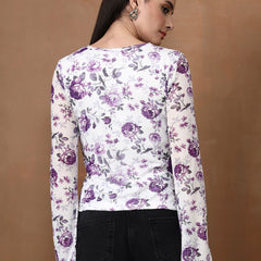 Istylecan Women's Floral Mesh Top - White & Purple Bell Sleeve V-Neck Blouse