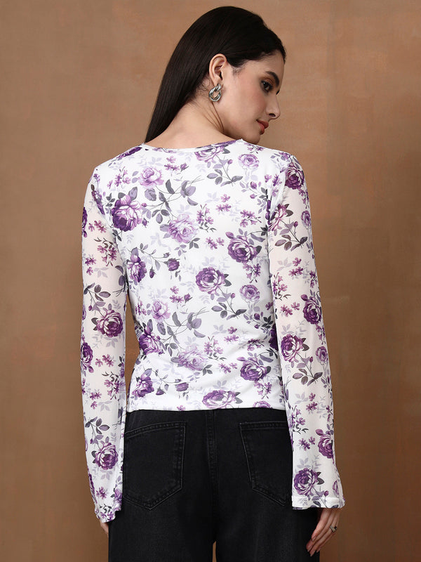 Istylecan Women's Floral Mesh Top - White & Purple Bell Sleeve V-Neck Blouse