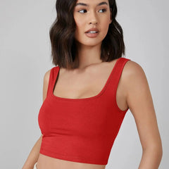 Women's & Girls' Solid Red Ribbed Square Neck Slim Fit Crop Tank Tops Istyle Can