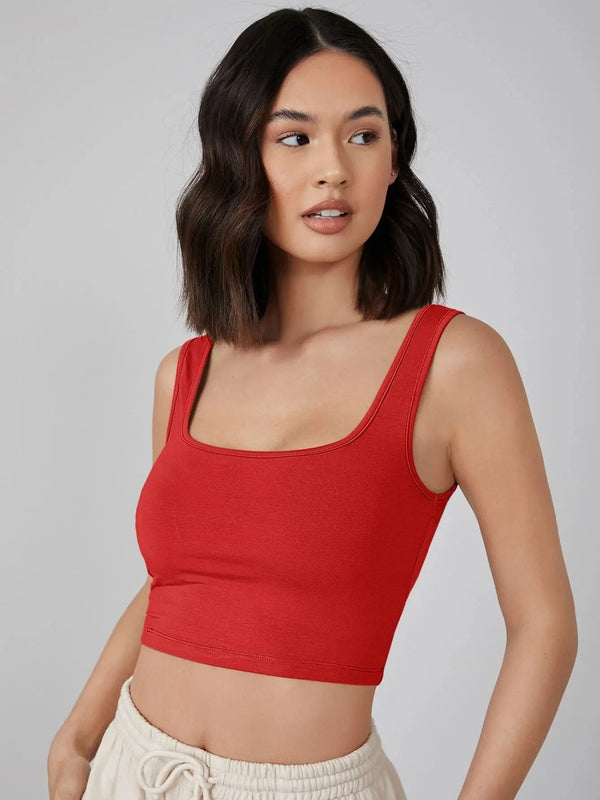 Women's & Girls' Solid Red Ribbed Square Neck Slim Fit Crop Tank Tops Istyle Can