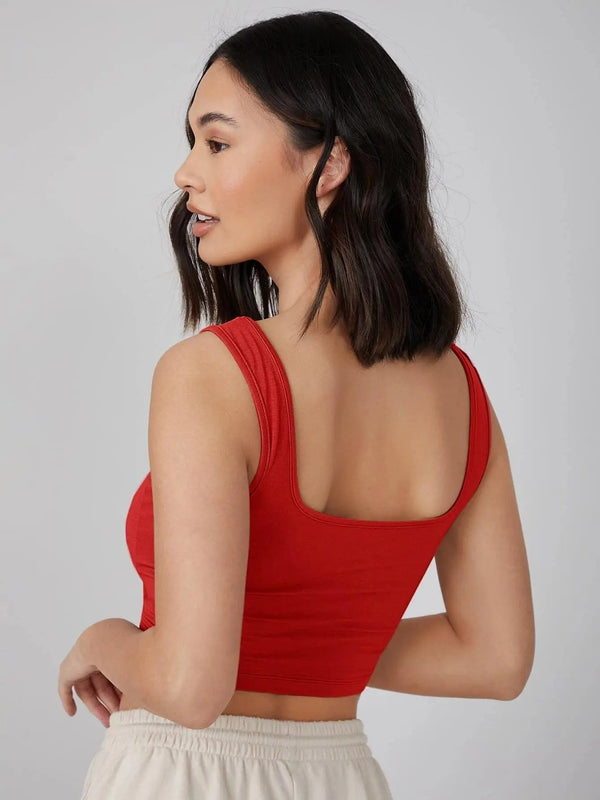 Women's & Girls' Solid Red Ribbed Square Neck Slim Fit Crop Tank Tops Istyle Can