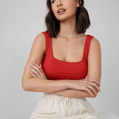 Women's & Girls' Solid Red Ribbed Square Neck Slim Fit Crop Tank Tops Istyle Can