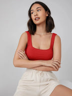 Women's & Girls' Solid Red Ribbed Square Neck Slim Fit Crop Tank Tops Istyle Can