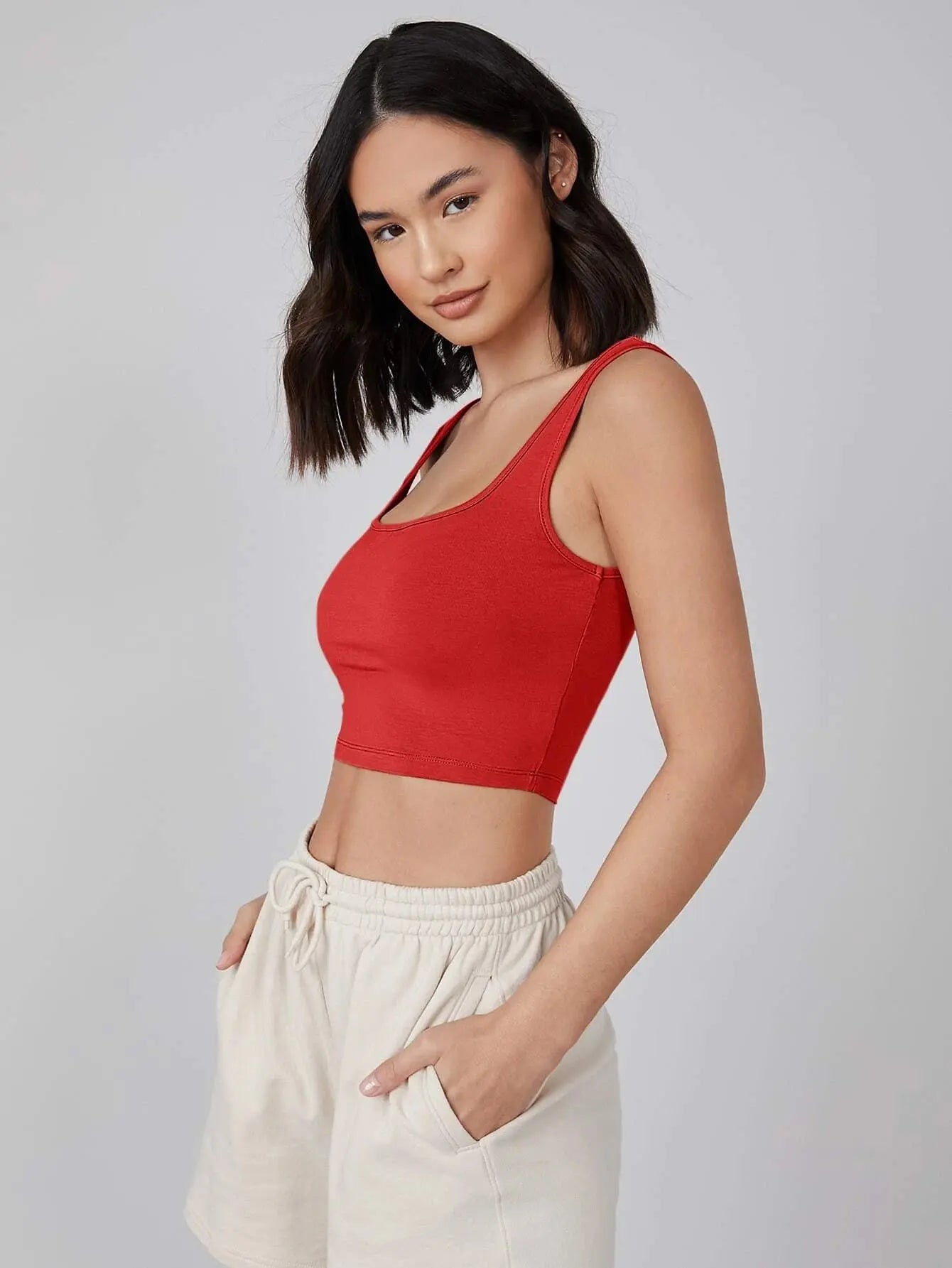Women's & Girls' Solid Red Ribbed Square Neck Slim Fit Crop Tank Tops Istyle Can
