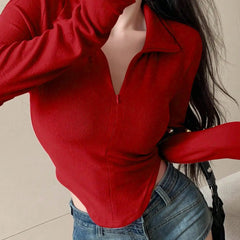 Istyle Can Red Women's Top Solid Long Sleeve Ribbed Asymmetric Hem Casual T-Shirt Istyle Can