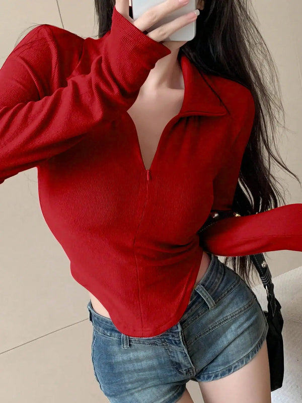 Istyle Can Red Women's Top Solid Long Sleeve Ribbed Asymmetric Hem Casual T-Shirt Istyle Can