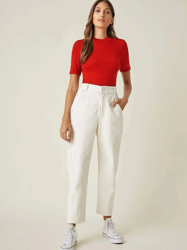 Red Women’s Slim Fit Solid Rib Knit Stretchable Top Istyle Can