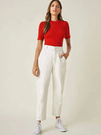 Red Women’s Slim Fit Solid Rib Knit Stretchable Top Istyle Can