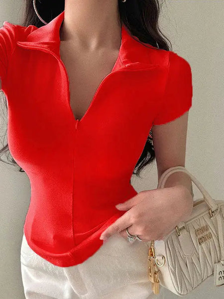 Istyle Can Soft Red Polyester Women's Top Solid Short Sleeve Ribbed Asymmetric Hem Casual T-Shirt Istyle Can