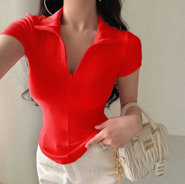 Istyle Can Soft Red Polyester Women's Top Solid Short Sleeve Ribbed Asymmetric Hem Casual T-Shirt Istyle Can