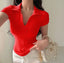 Istyle Can Soft Red Polyester Women's Top Solid Short Sleeve Ribbed Asymmetric Hem Casual T-Shirt Istyle Can