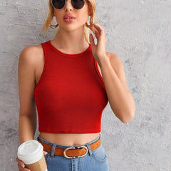 Women's Crew Neck Sleeveless Solid Rib Knit Red Crop Tank Top Istyle Can