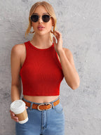 Women's Crew Neck Sleeveless Solid Rib Knit Red Crop Tank Top Istyle Can