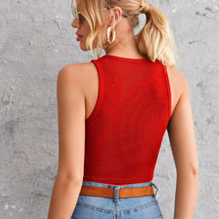 Women's Crew Neck Sleeveless Solid Rib Knit Red Crop Tank Top Istyle Can