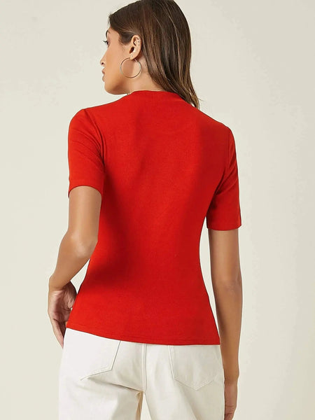 Red Women’s Slim Fit Solid Rib Knit Stretchable Top Istyle Can