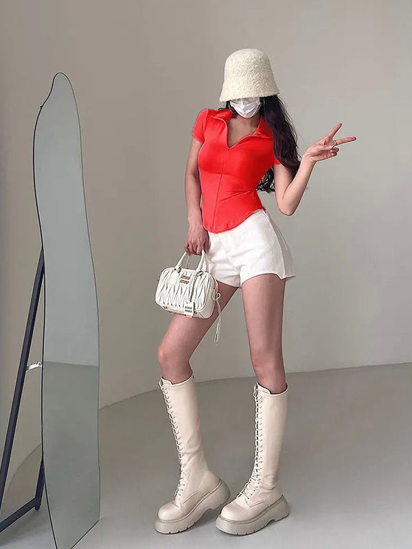 Istyle Can Soft Red Polyester Women's Top Solid Short Sleeve Ribbed Asymmetric Hem Casual T-Shirt Istyle Can