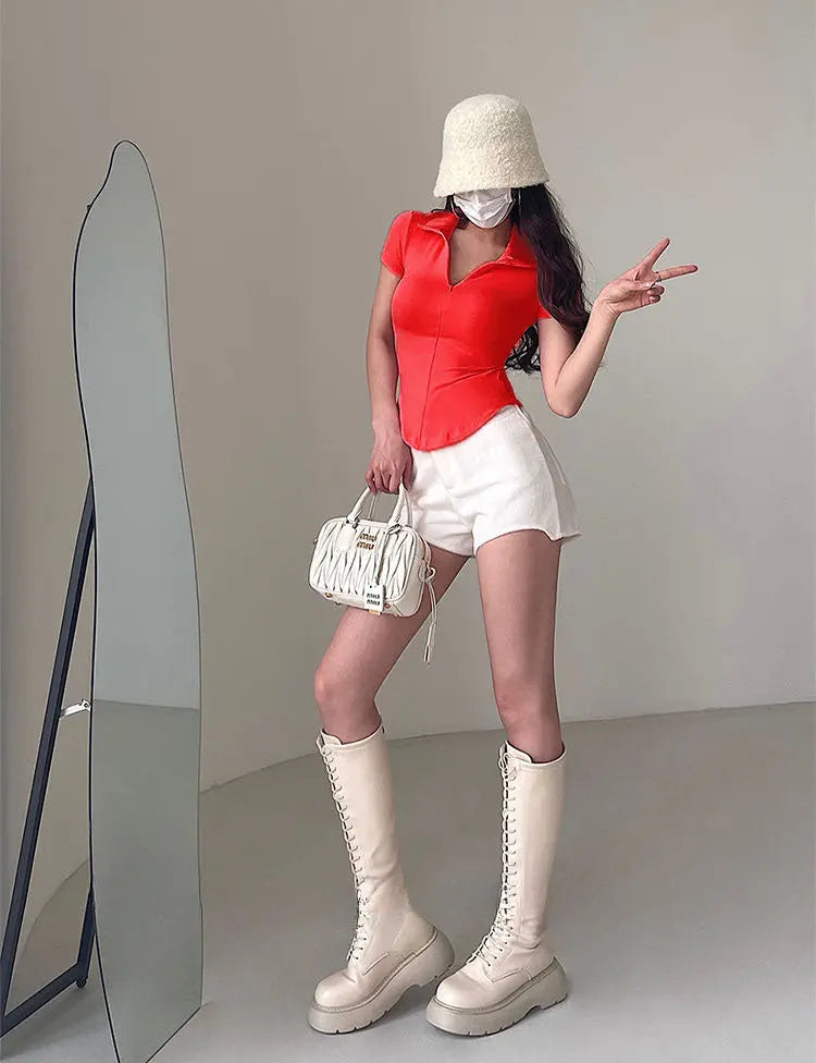 Istyle Can Soft Red Polyester Women's Top Solid Short Sleeve Ribbed Asymmetric Hem Casual T-Shirt Istyle Can