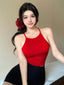 Womens Red Solid Ribbed Helter Neck Slim Fit Crop Tank Top Istyle Can