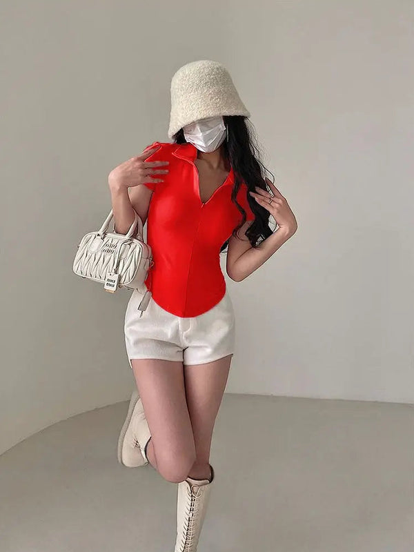 Istyle Can Soft Red Polyester Women's Top Solid Short Sleeve Ribbed Asymmetric Hem Casual T-Shirt Istyle Can