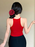 Womens Red Solid Ribbed Helter Neck Slim Fit Crop Tank Top Istyle Can