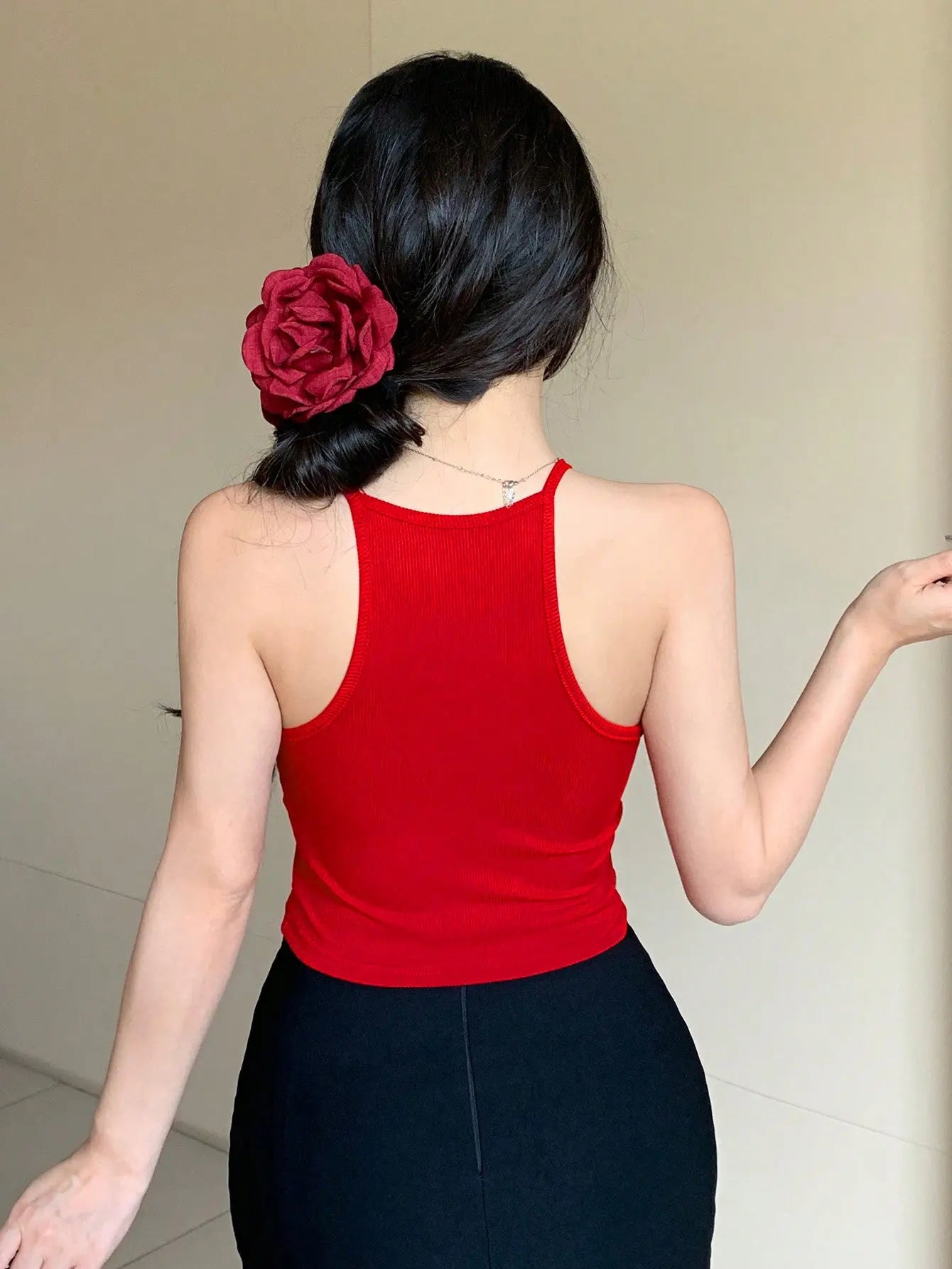 Womens Red Solid Ribbed Helter Neck Slim Fit Crop Tank Top Istyle Can