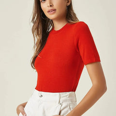 Red Women’s Slim Fit Solid Rib Knit Stretchable Top Istyle Can