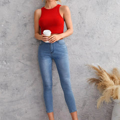 Women's Crew Neck Sleeveless Solid Rib Knit Red Crop Tank Top Istyle Can