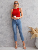 Women's Crew Neck Sleeveless Solid Rib Knit Red Crop Tank Top Istyle Can