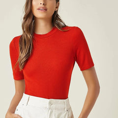 Red Women’s Slim Fit Solid Rib Knit Stretchable Top Istyle Can