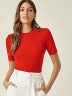 Red Women’s Slim Fit Solid Rib Knit Stretchable Top Istyle Can
