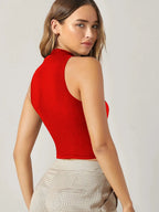 Women's & Girls Red Solid Mock Neck Rib/Knit Sleeveless Stretchable Slim Fit Crop Tank Top Istyle Can
