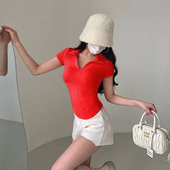 Istyle Can Soft Red Polyester Women's Top Solid Short Sleeve Ribbed Asymmetric Hem Casual T-Shirt Istyle Can
