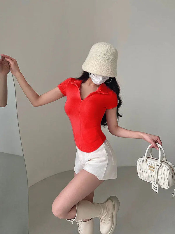 Istyle Can Soft Red Polyester Women's Top Solid Short Sleeve Ribbed Asymmetric Hem Casual T-Shirt Istyle Can