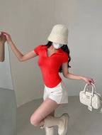 Istyle Can Soft Red Polyester Women's Top Solid Short Sleeve Ribbed Asymmetric Hem Casual T-Shirt Istyle Can