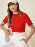 Red Women’s Slim Fit Solid Rib Knit Stretchable Top Istyle Can