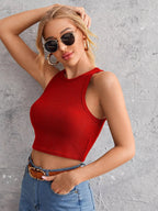Women's Crew Neck Sleeveless Solid Rib Knit Red Crop Tank Top Istyle Can