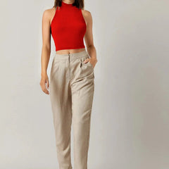 Women's & Girls Red Solid Mock Neck Rib/Knit Sleeveless Stretchable Slim Fit Crop Tank Top Istyle Can