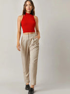 Women's & Girls Red Solid Mock Neck Rib/Knit Sleeveless Stretchable Slim Fit Crop Tank Top Istyle Can